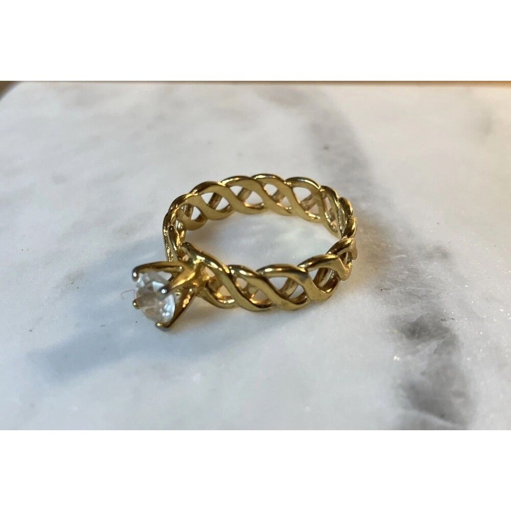 VTG Gold Tone Woven Band Solitaire Ring Round White Clear Stone Engagement 7.5